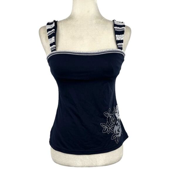 Becca Women's Size Small Floral Embroidered Crochet Strap Navy Tankini Swim Top - Picture 1 of 13
